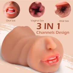 3 in 1 Pocket Pussy Adult Sex Toys Deep Throat Blowjob Stroker with Teeth&Tongue, Realistic Pocket Pussies with 3D Realistic Textured Vagina & Tight Anus, Oral  for Men Masturbation