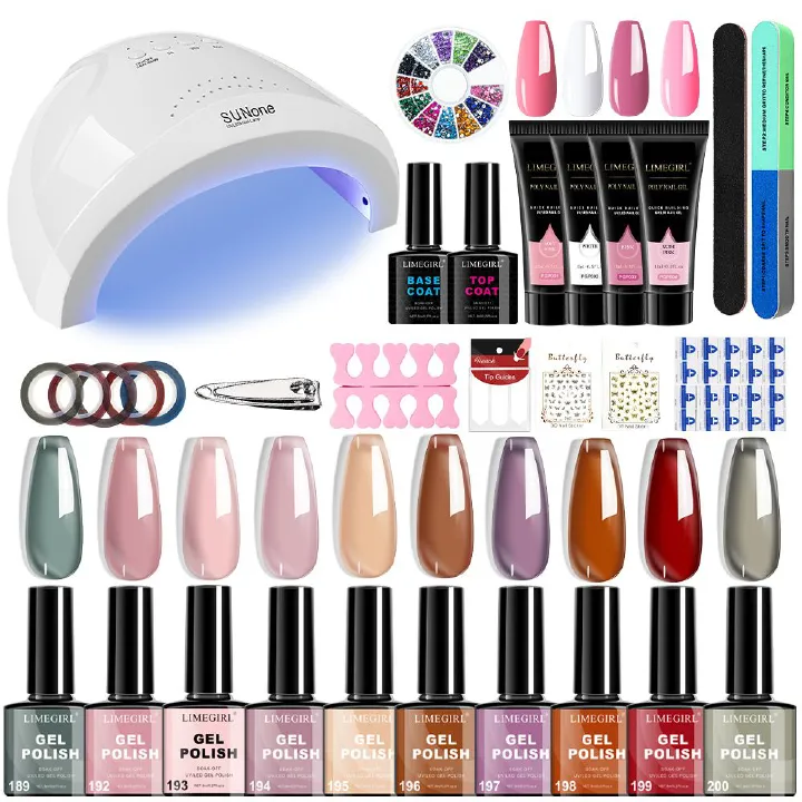 Gel Nail Polish Kit  Poly ExtensionNail Gel Kit 10 Colors P Glitter Tones Starter Kit with 48W UV Lamp Matte & Glossy Top & Base Coat All-in-One Designs DIY At Home