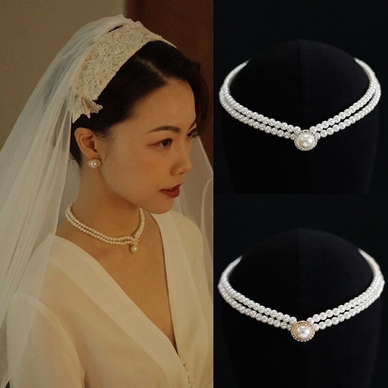 European and American vintage double pearl belt diamond necklace earrings Western style bridal jewelry choker everything wedding accessories