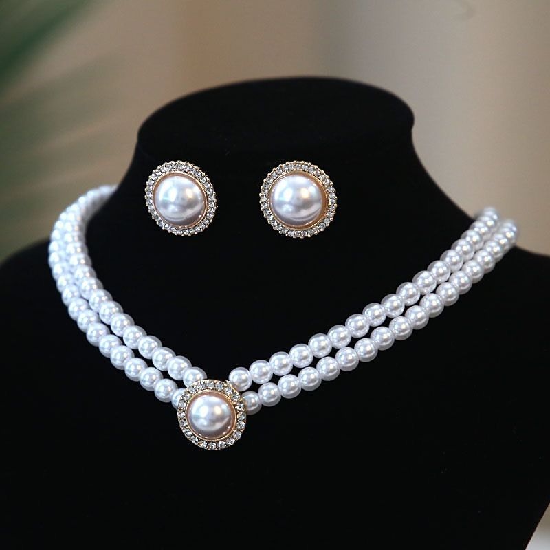 European and American vintage double pearl belt diamond necklace earrings Western style bridal jewelry choker everything wedding accessories