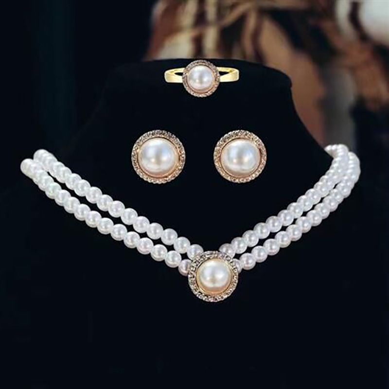 European and American vintage double pearl belt diamond necklace earrings Western style bridal jewelry choker everything wedding accessories
