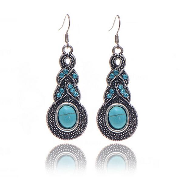 Europe and the United States new retro pattern blue rhinestones set with turquoise Bohemian personality earrings