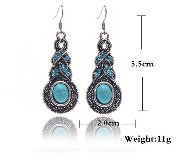 Europe and the United States new retro pattern blue rhinestones set with turquoise Bohemian personality earrings