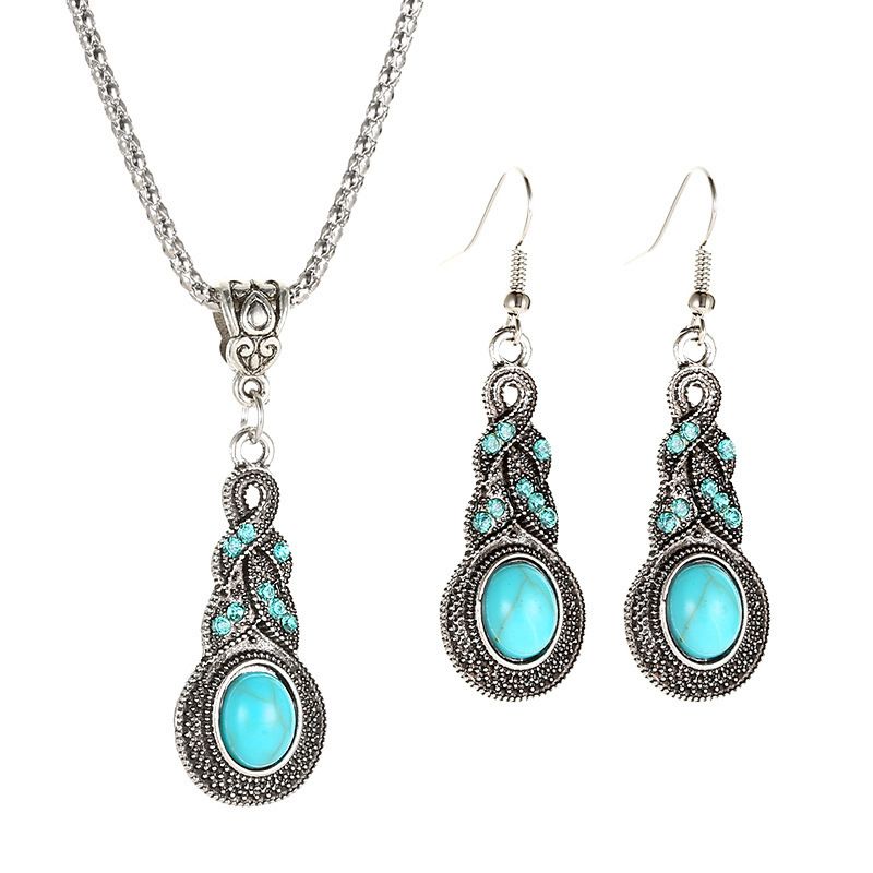 Europe and the United States new retro pattern blue rhinestones inlaid turquoise earrings set Bohemian personality earrings