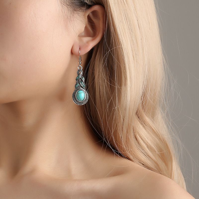Europe and the United States new retro pattern blue rhinestones inlaid turquoise earrings set Bohemian personality earrings