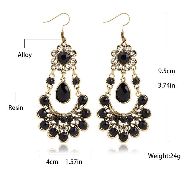 European and American foreign trade Bohemian retro exaggerated earrings long carved hollowed fringe water drop green earrings