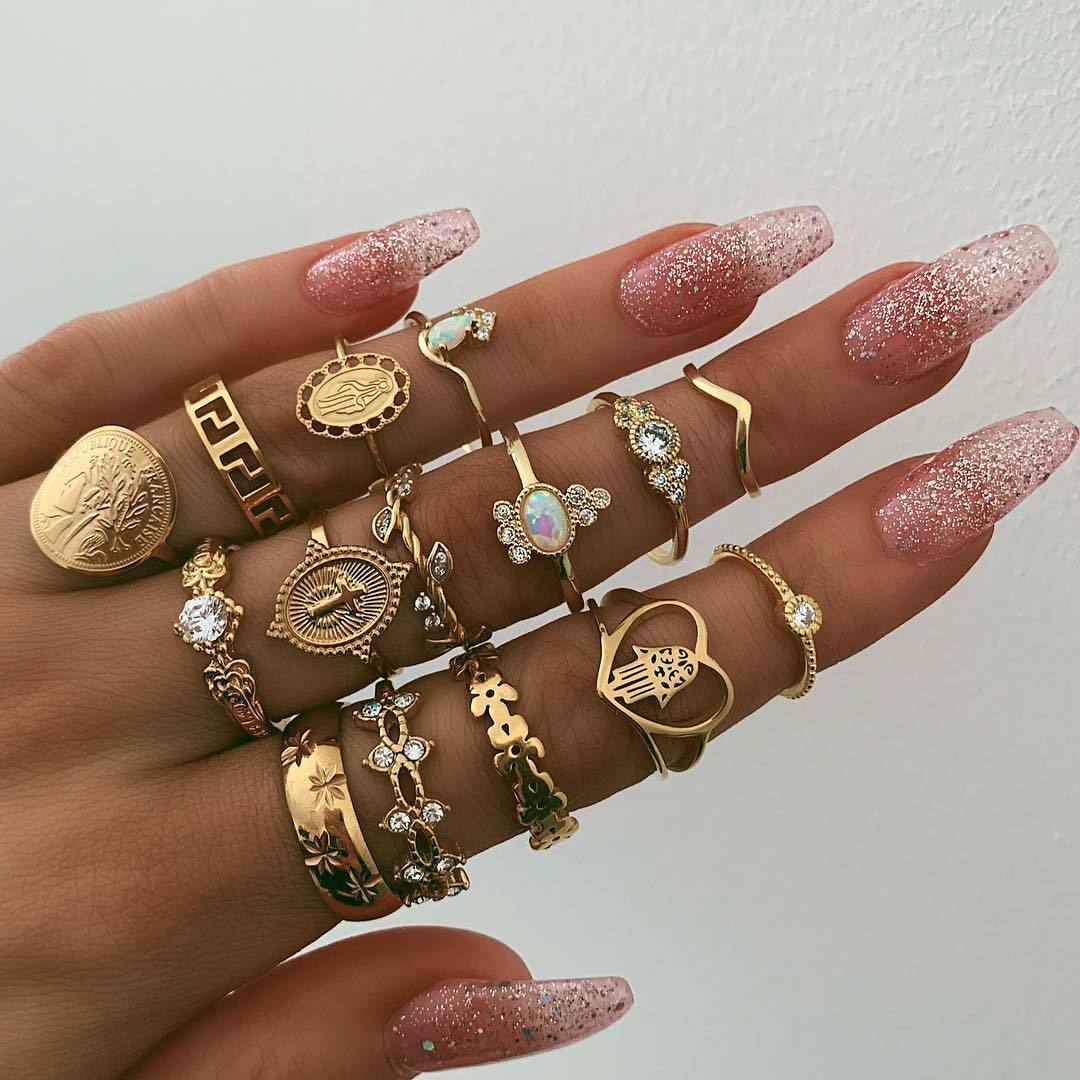 HN Brand  Vintage Beauty Head Gold Coin Cross Pattern Love Fatima Palm Ring 15-piece ring set new fashion