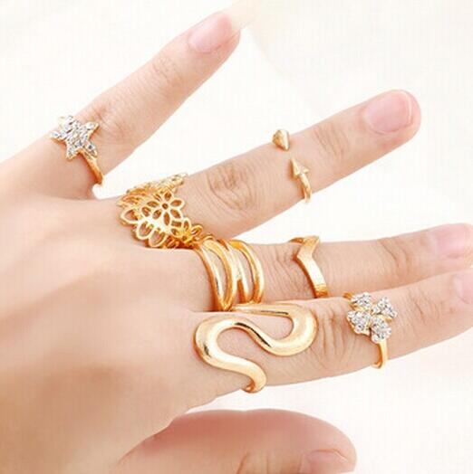 7PCS European and American exaggerated ring combination new hipster star four-leaf clover lace diamond joint tail ring ring