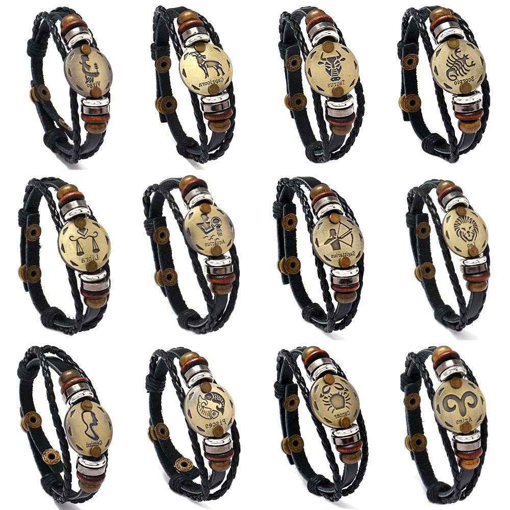 HN Brand  New Style 12 Constellations Multi-layer Leather Cuff Chain Lucky Charm Bracelet Fashion Jewelry for Women and Menone size