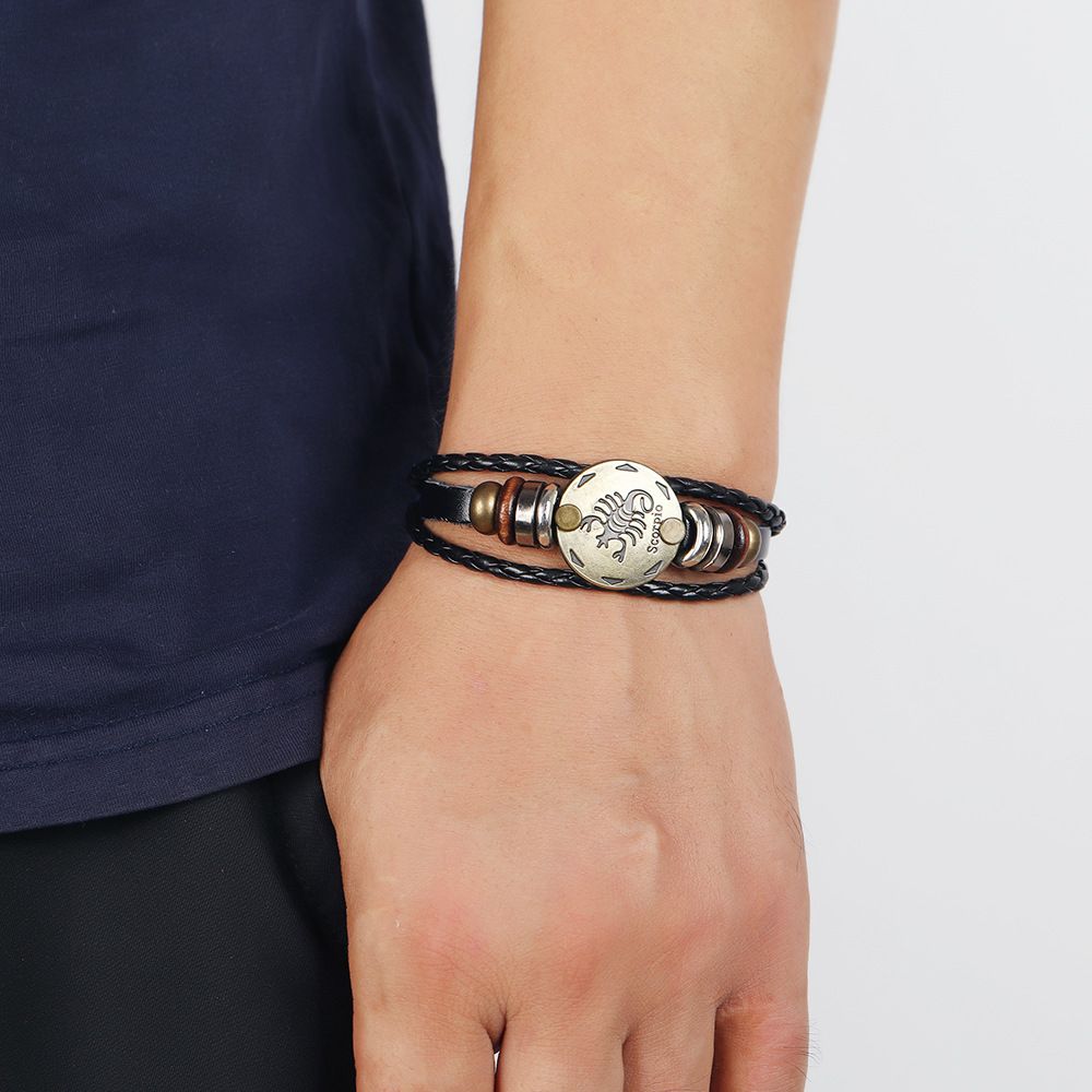 HN Brand  New Style 12 Constellations Multi-layer Leather Cuff Chain Lucky Charm Bracelet Fashion Jewelry for Women and Menone size