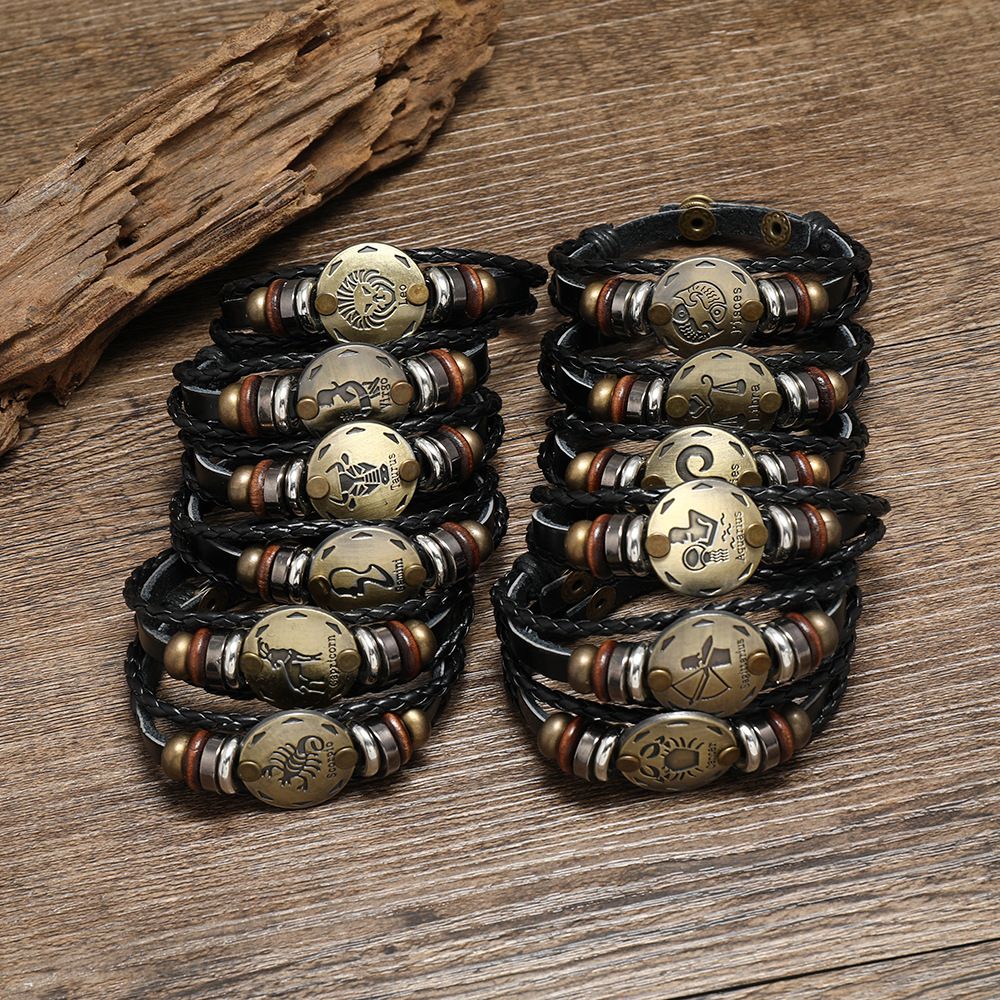 HN Brand  New Style 12 Constellations Multi-layer Leather Cuff Chain Lucky Charm Bracelet Fashion Jewelry for Women and Menone size