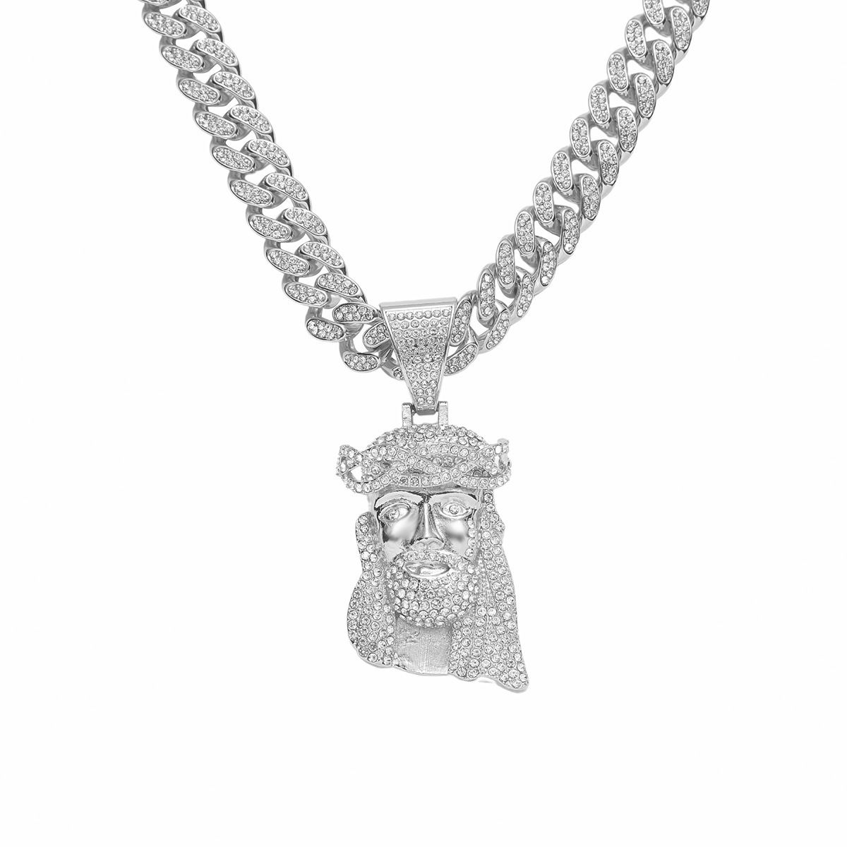 Retro diamond studded human avatar pendant necklace, men's exaggerated hip-hop Cuban necklace accessory