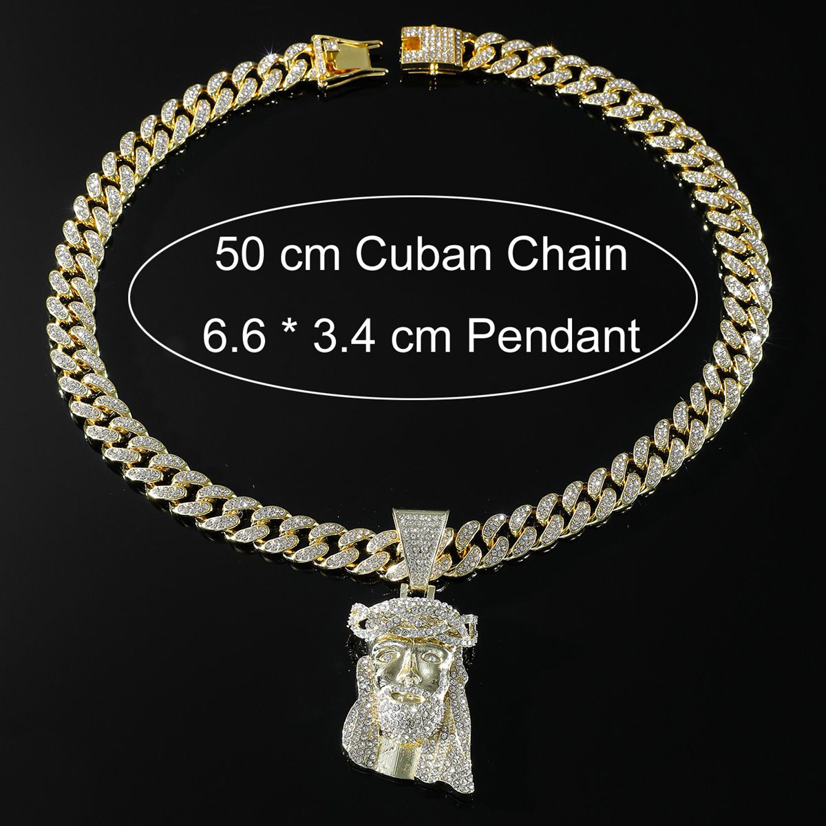 Retro diamond studded human avatar pendant necklace, men's exaggerated hip-hop Cuban necklace accessory