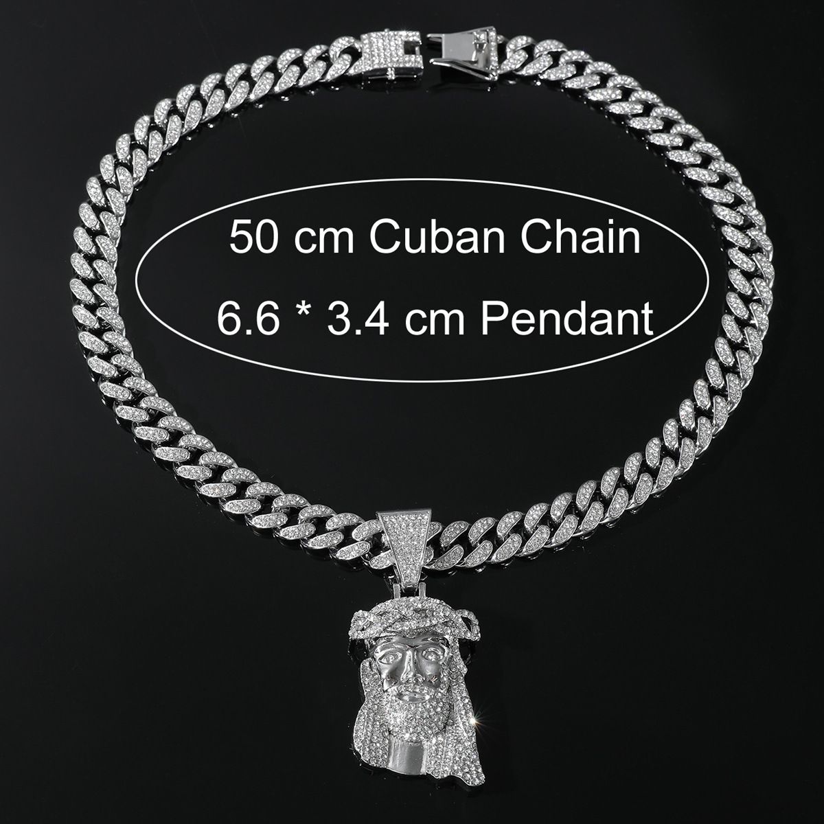Retro diamond studded human avatar pendant necklace, men's exaggerated hip-hop Cuban necklace accessory