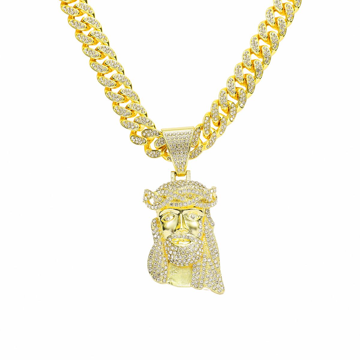 Retro diamond studded human avatar pendant necklace, men's exaggerated hip-hop Cuban necklace accessory