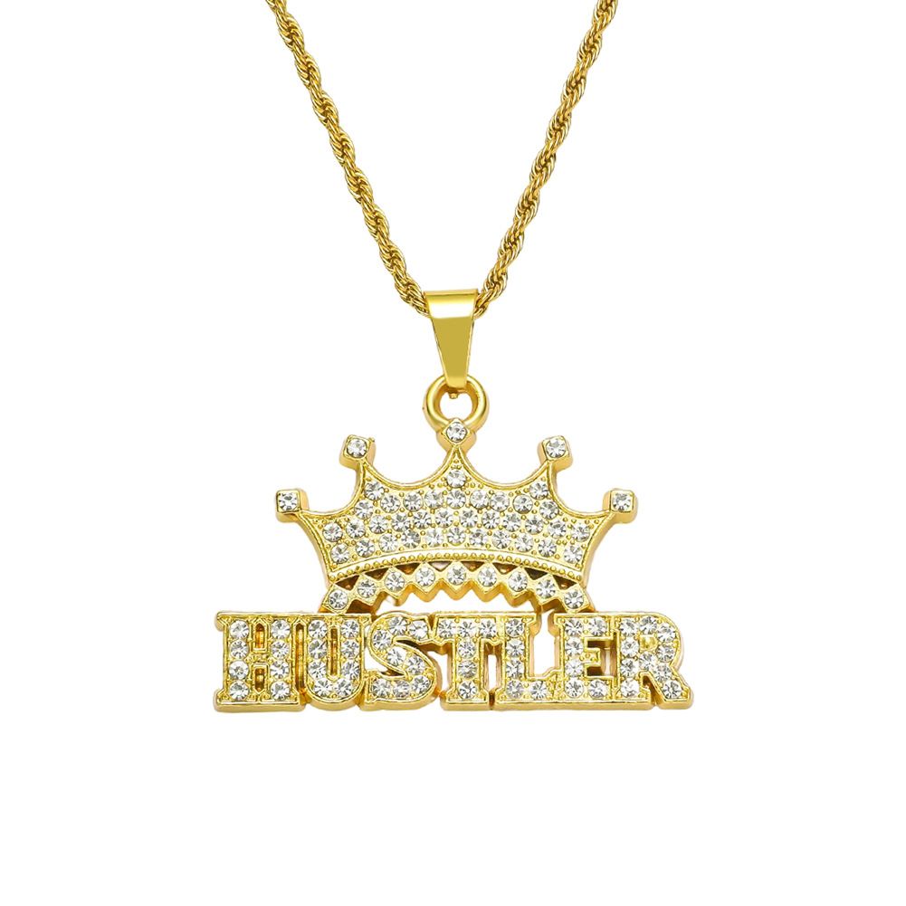 Full Diamond 3D Crown Letter Pendant Necklace Trendy Hip Hop Cool Item Jewelry