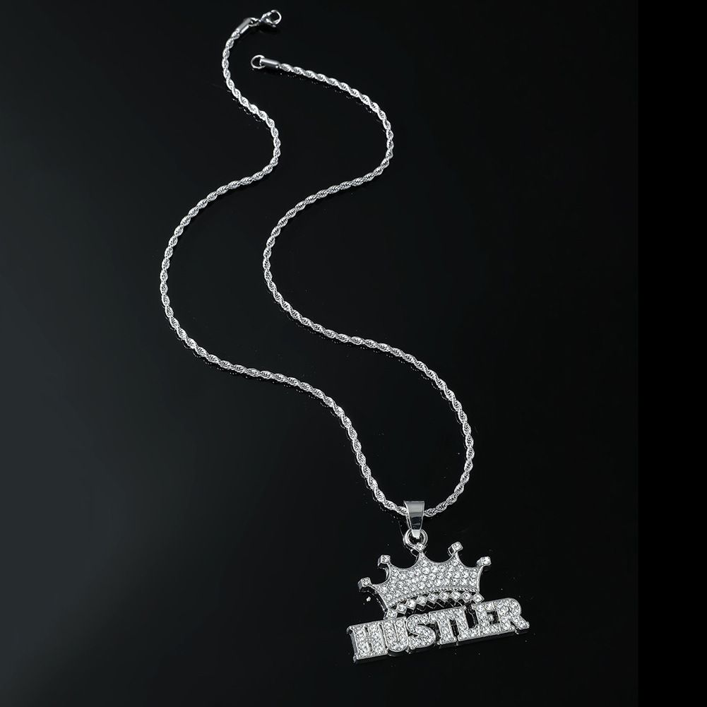 Full Diamond 3D Crown Letter Pendant Necklace Trendy Hip Hop Cool Item Jewelry