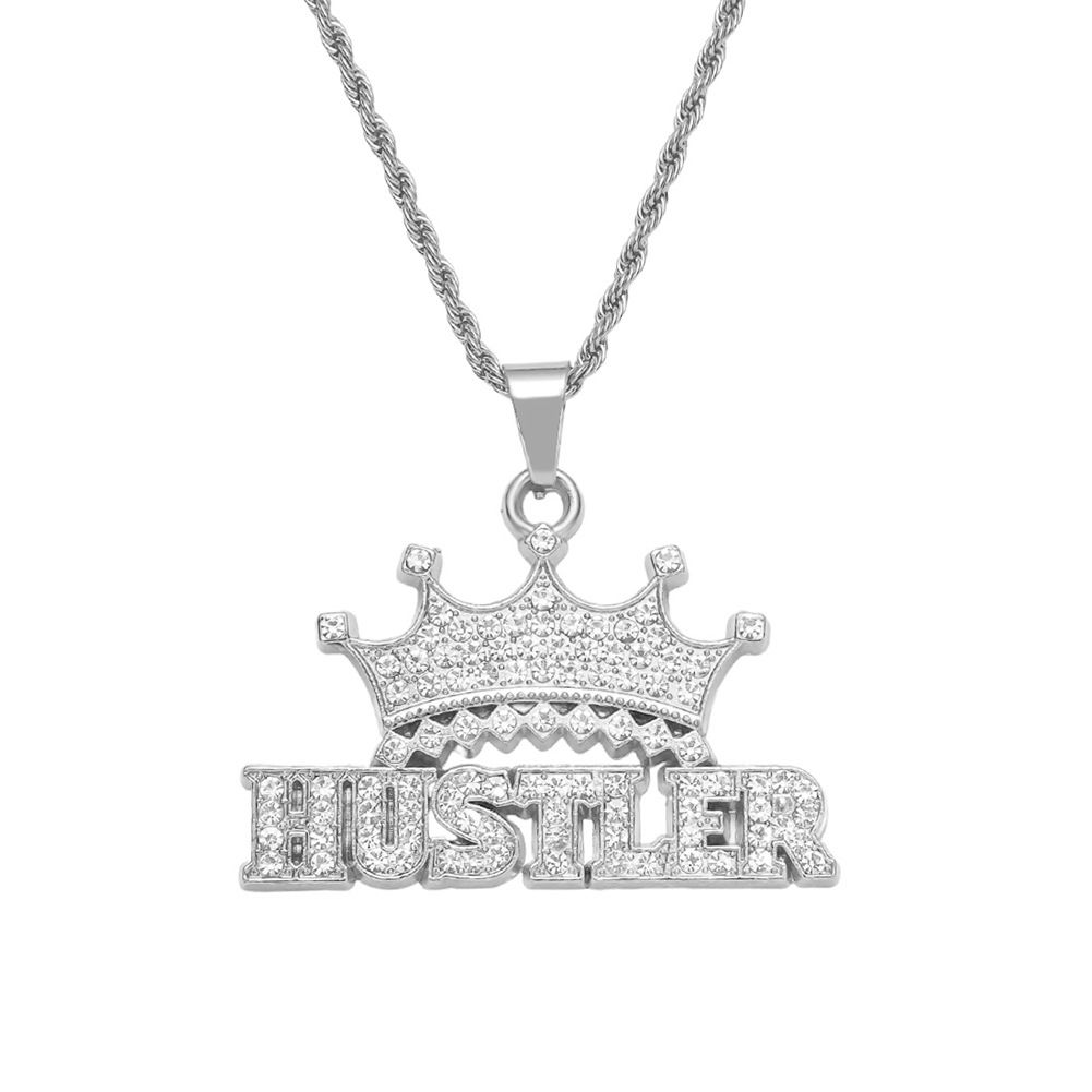 Full Diamond 3D Crown Letter Pendant Necklace Trendy Hip Hop Cool Item Jewelry