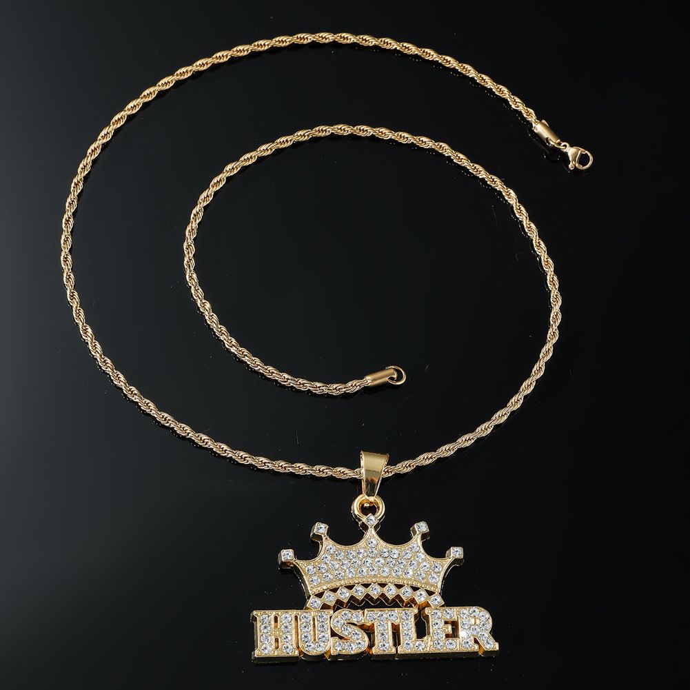 Full Diamond 3D Crown Letter Pendant Necklace Trendy Hip Hop Cool Item Jewelry