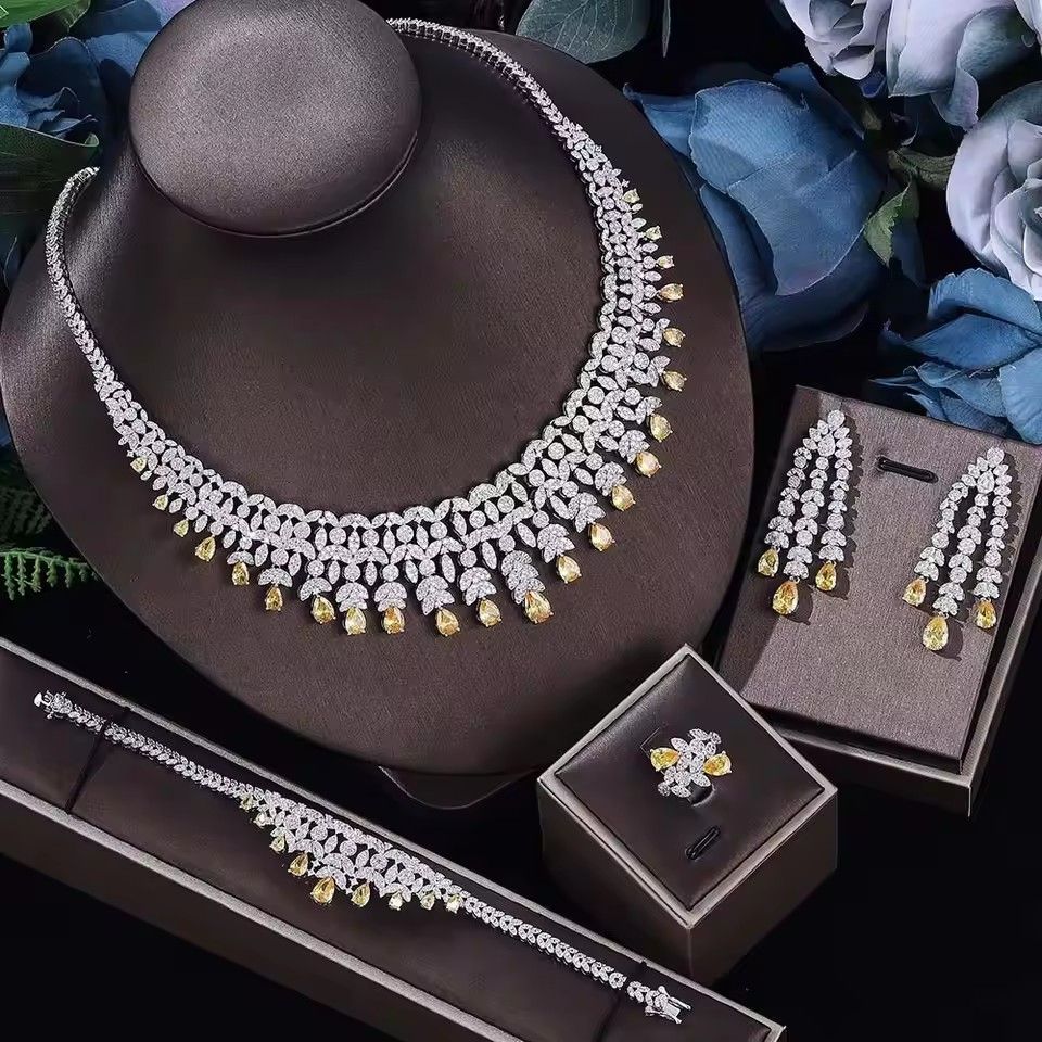 4 Pcs Luxury Cubic Zirconia Bridal Full Jewelry Set for Women Wedding Party CZ Light Drop Engagement Accessories Sets