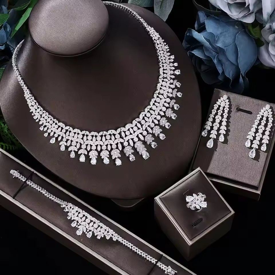 4 Pcs Luxury Cubic Zirconia Bridal Full Jewelry Set for Women Wedding Party CZ Light Drop Engagement Accessories Sets