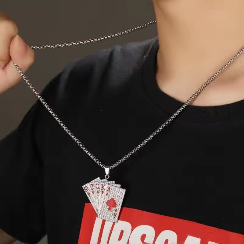 Men Women Hip Hop Rock Playing Card Pendant Necklace Shiny Ice Out Inlaid Zircon Fashion Couple Jewelry Gifts
