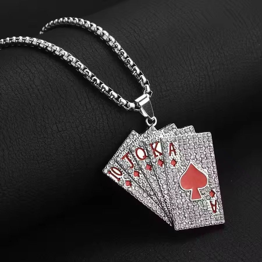 Men Women Hip Hop Rock Playing Card Pendant Necklace Shiny Ice Out Inlaid Zircon Fashion Couple Jewelry Gifts