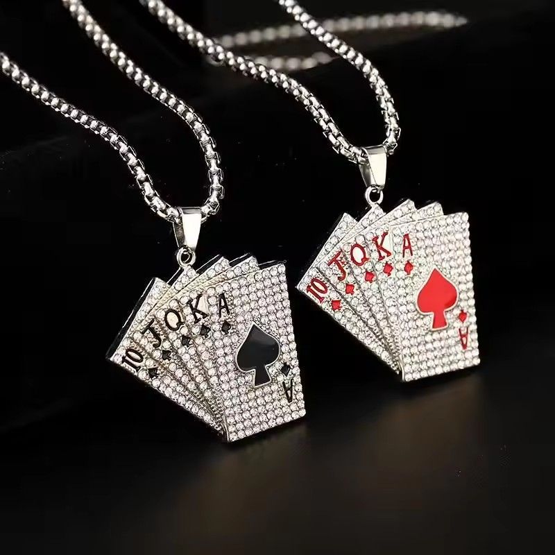 Men Women Hip Hop Rock Playing Card Pendant Necklace Shiny Ice Out Inlaid Zircon Fashion Couple Jewelry Gifts