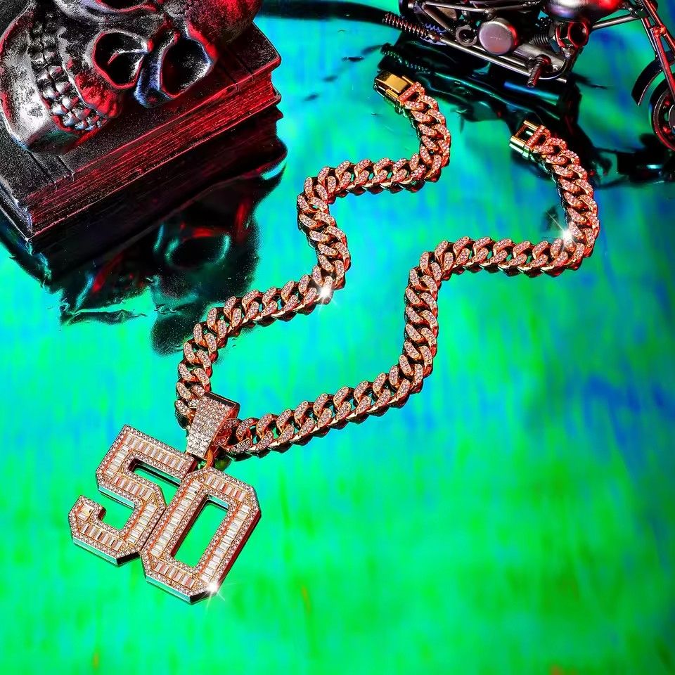 Zinc Alloy Rhinestone Pendant Necklace for Men, Fashionable Digital 50, Hip-Hop Punk Gift