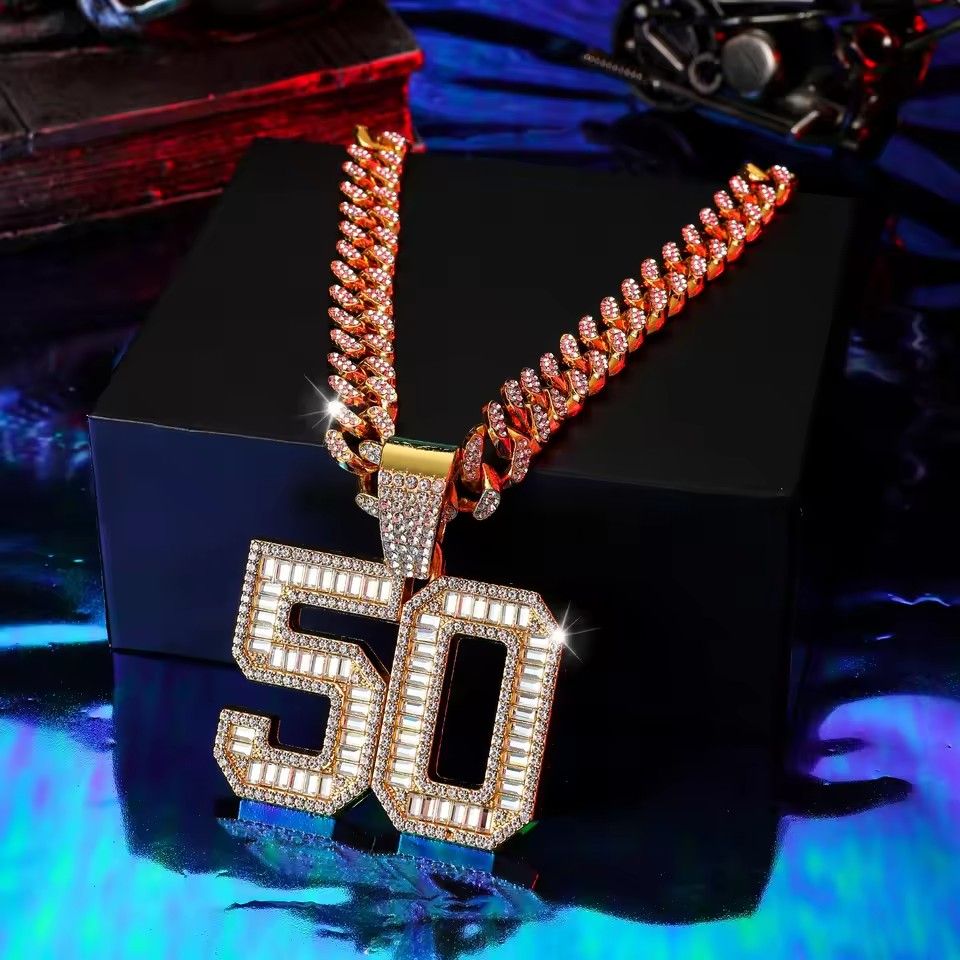 Zinc Alloy Rhinestone Pendant Necklace for Men, Fashionable Digital 50, Hip-Hop Punk Gift