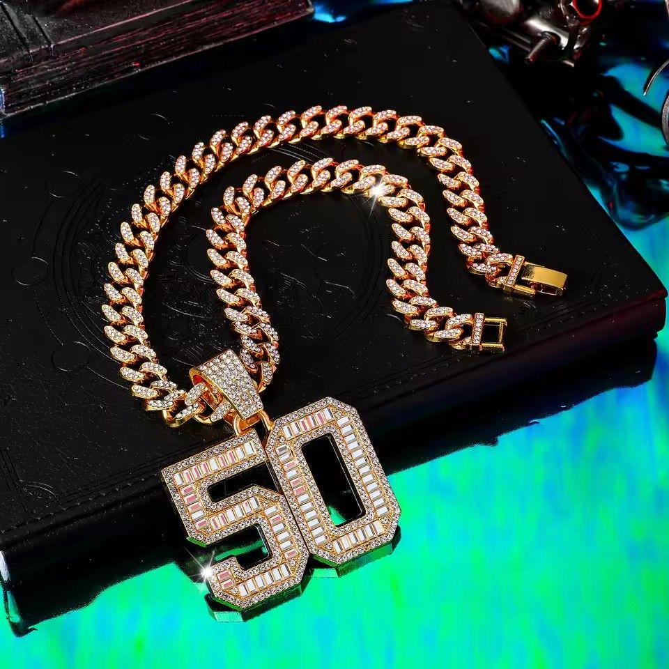 Zinc Alloy Rhinestone Pendant Necklace for Men, Fashionable Digital 50, Hip-Hop Punk Gift