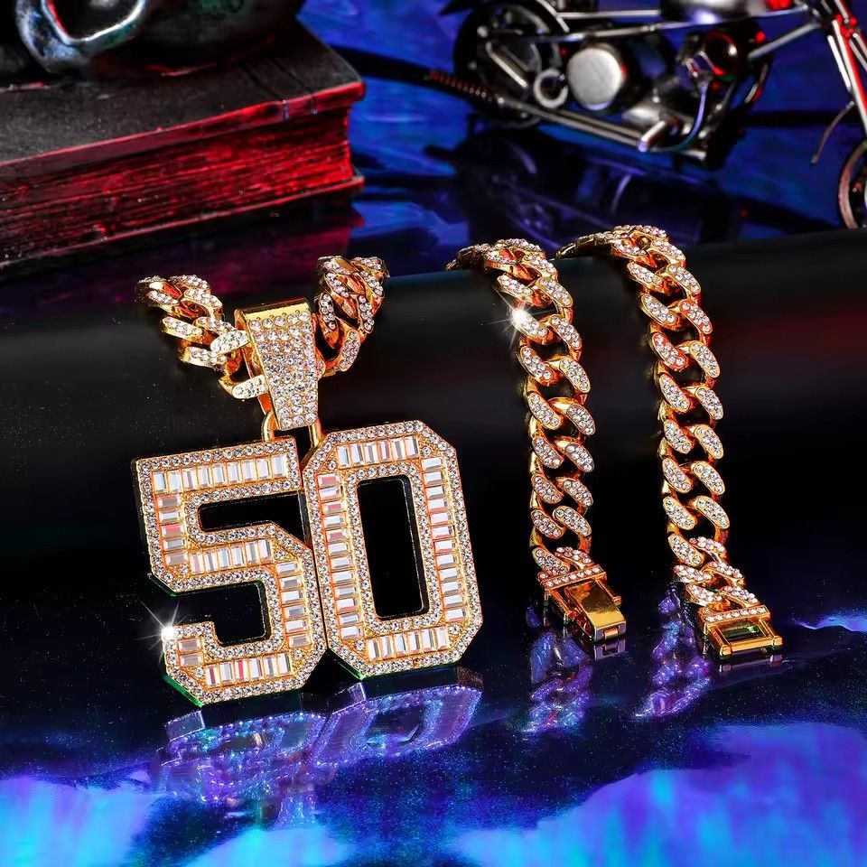 Zinc Alloy Rhinestone Pendant Necklace for Men, Fashionable Digital 50, Hip-Hop Punk Gift