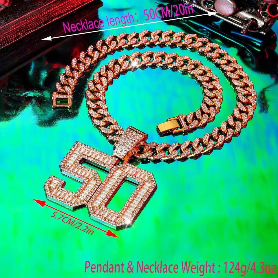 Zinc Alloy Rhinestone Pendant Necklace for Men, Fashionable Digital 50, Hip-Hop Punk Gift