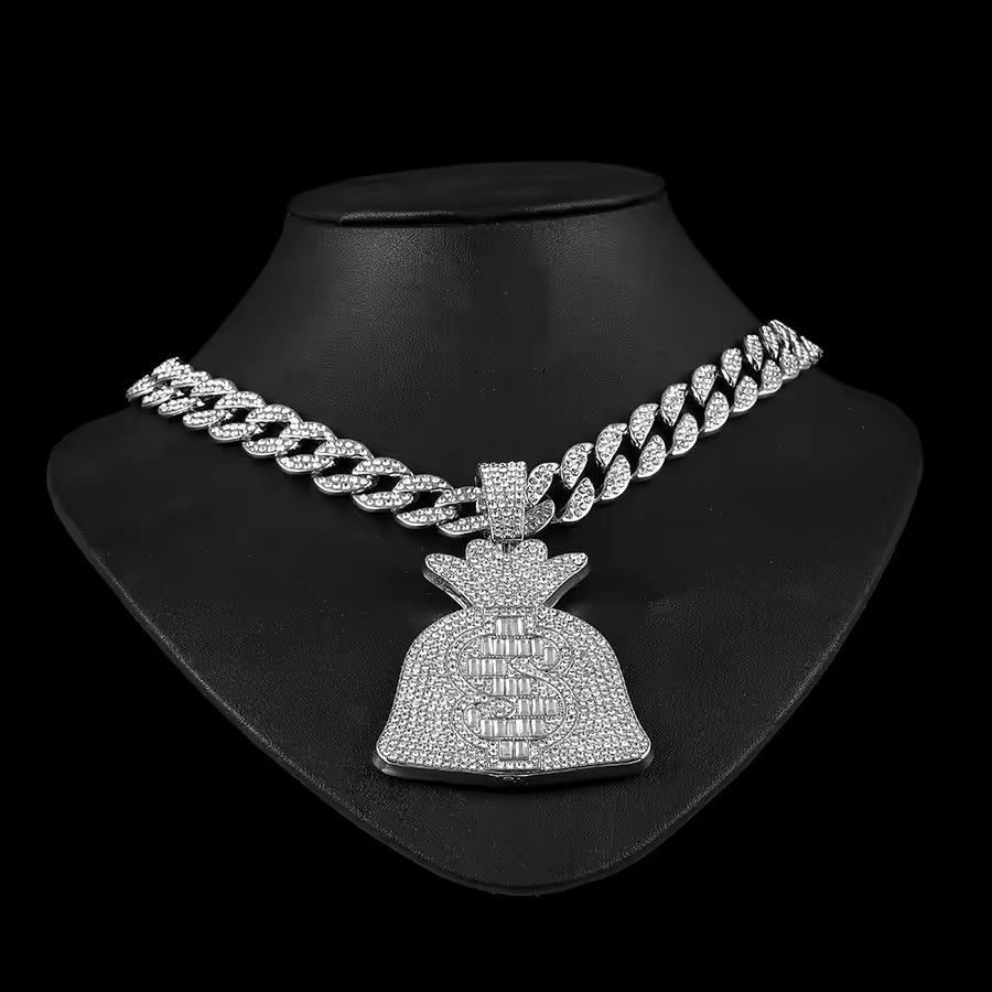 Iced Out Cuban Chain With Hip Hop Alloy And Bling Rhinestone Big Dollar Bag Pendant Choker Necklace