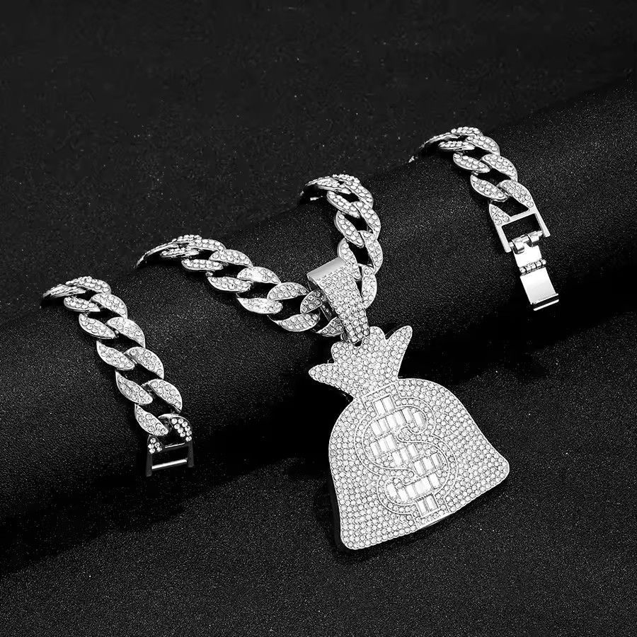Iced Out Cuban Chain With Hip Hop Alloy And Bling Rhinestone Big Dollar Bag Pendant Choker Necklace
