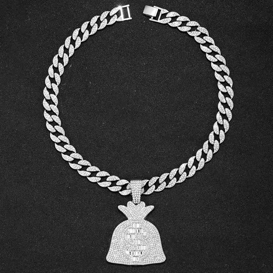 Iced Out Cuban Chain With Hip Hop Alloy And Bling Rhinestone Big Dollar Bag Pendant Choker Necklace