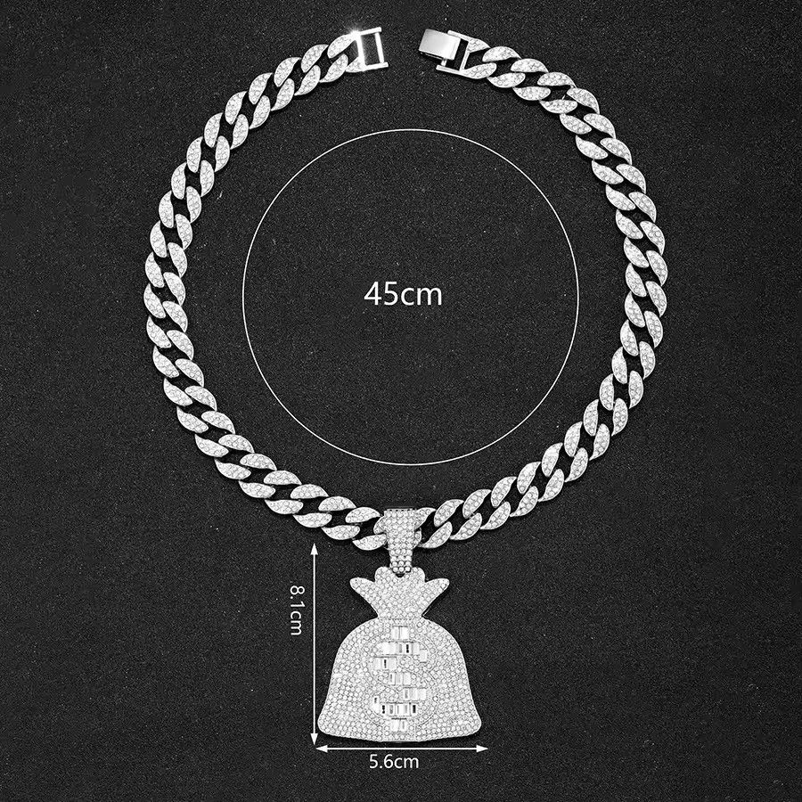 Iced Out Cuban Chain With Hip Hop Alloy And Bling Rhinestone Big Dollar Bag Pendant Choker Necklace