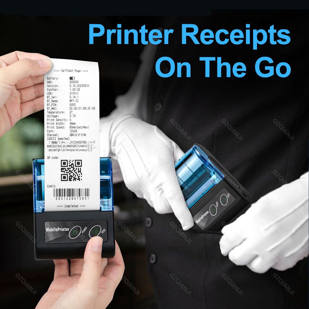 Portable Mini Thermal Printer 2 inch Bluetooth USB Receipt Bill Ticket Printer with 58x30mm Print Paper for Restaurant Android