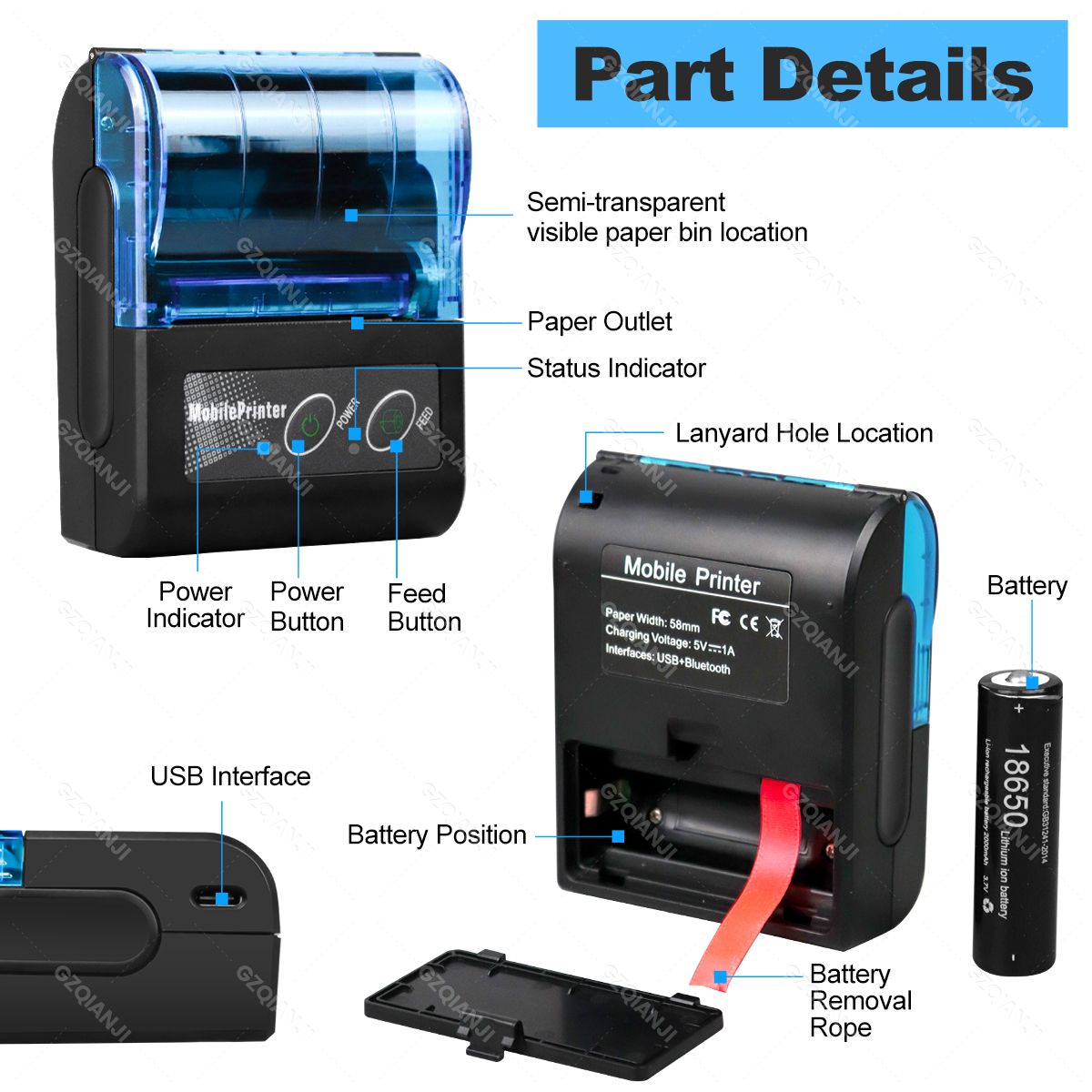 Portable Mini Thermal Printer 2 inch Bluetooth USB Receipt Bill Ticket Printer with 58x30mm Print Paper for Restaurant Android