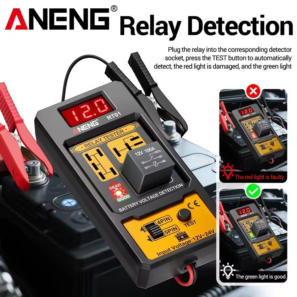 ANENG RT01 Car Battery Voltage Detector Diagnostic 11-25V Aermotor Repair 4/5 Foot Socket Relay Tester Analysis Diagnostic Tool