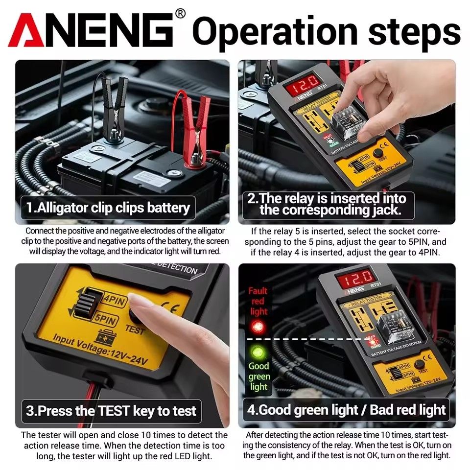 ANENG RT01 Car Battery Voltage Detector Diagnostic 11-25V Aermotor Repair 4/5 Foot Socket Relay Tester Analysis Diagnostic Tool
