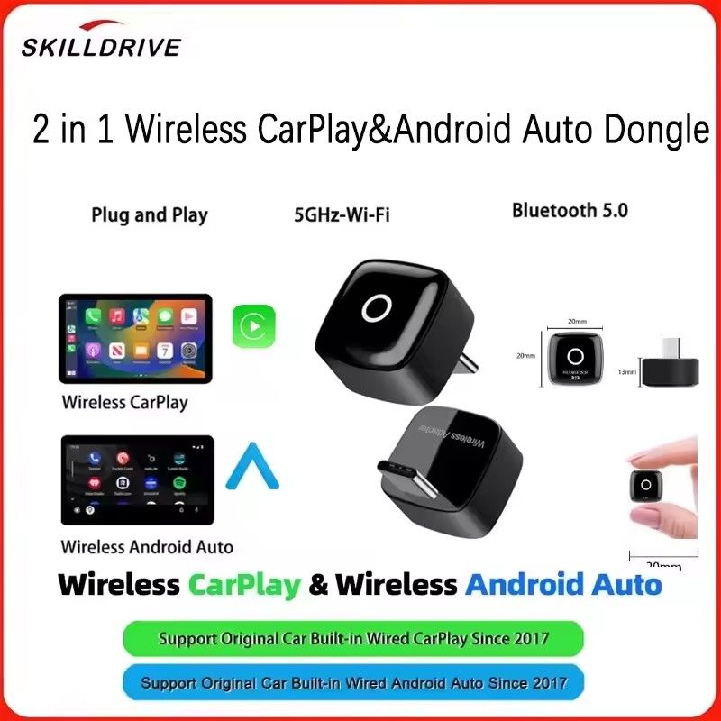 Skilldrive 2025 Ultra Mini Wireless CarPlay Adapter Wireless Android Auto AI Smart Box Intelligent Systems for Wired CarPlay Car