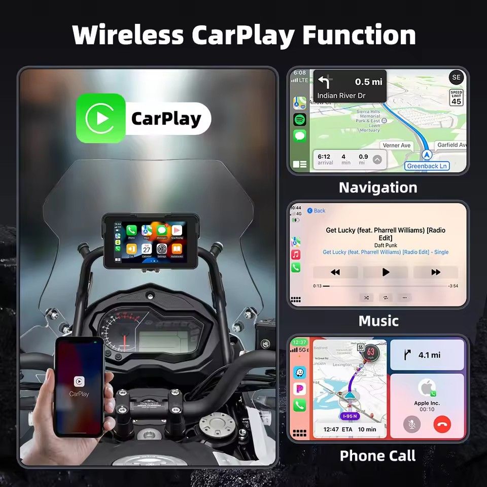 5 inch Moto Wireless CarPlay & Android Auto Removable Motorcycle Dashboard GPS Navigation Screen Digital Display Waterproof