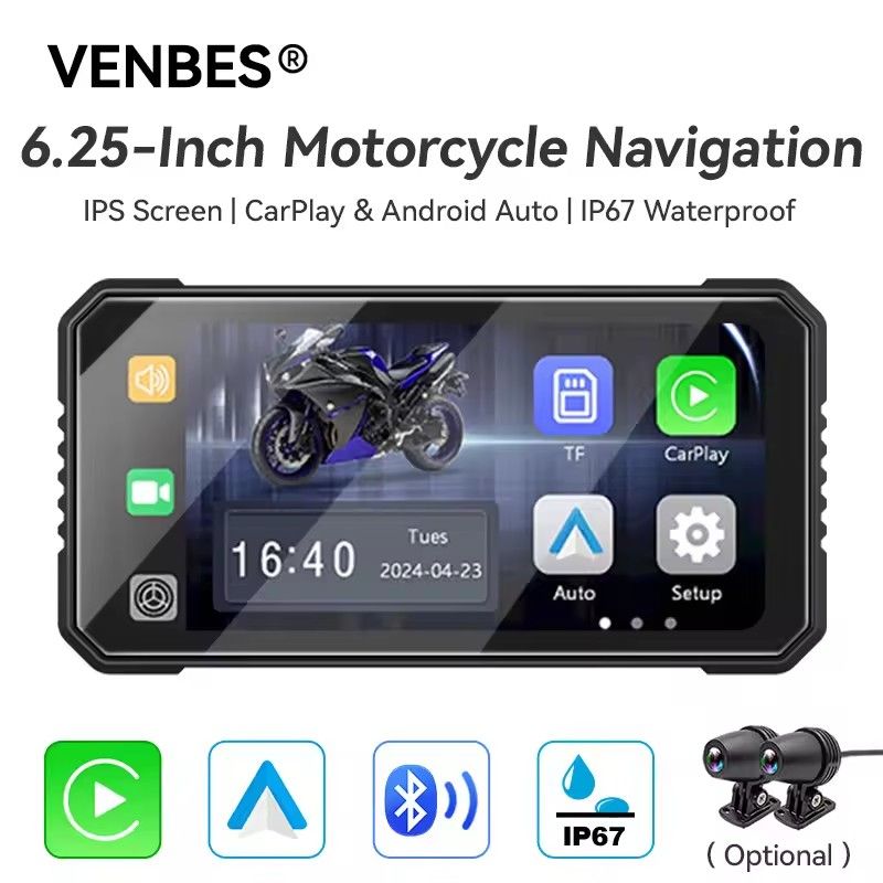 VENBES Motorcycle Carplay 6.25-Inch GPS Navigation Wireless Android Auto IP67 BT 5.0 Dual DVR Safe Driving