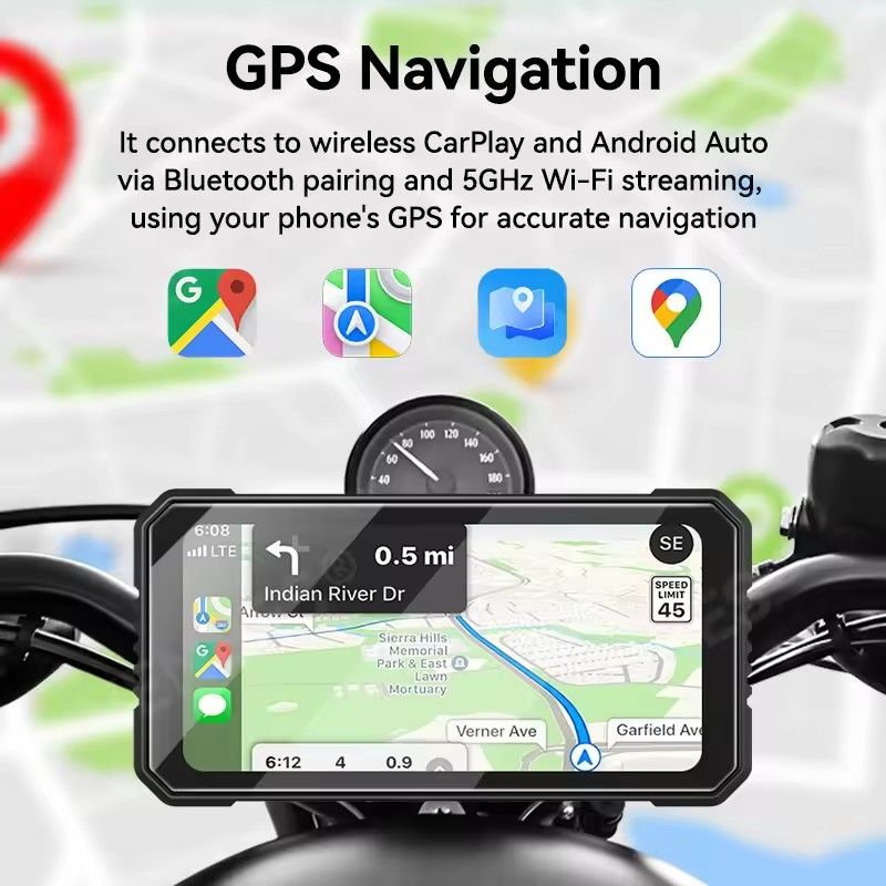 VENBES Motorcycle Carplay 6.25-Inch GPS Navigation Wireless Android Auto IP67 BT 5.0 Dual DVR Safe Driving