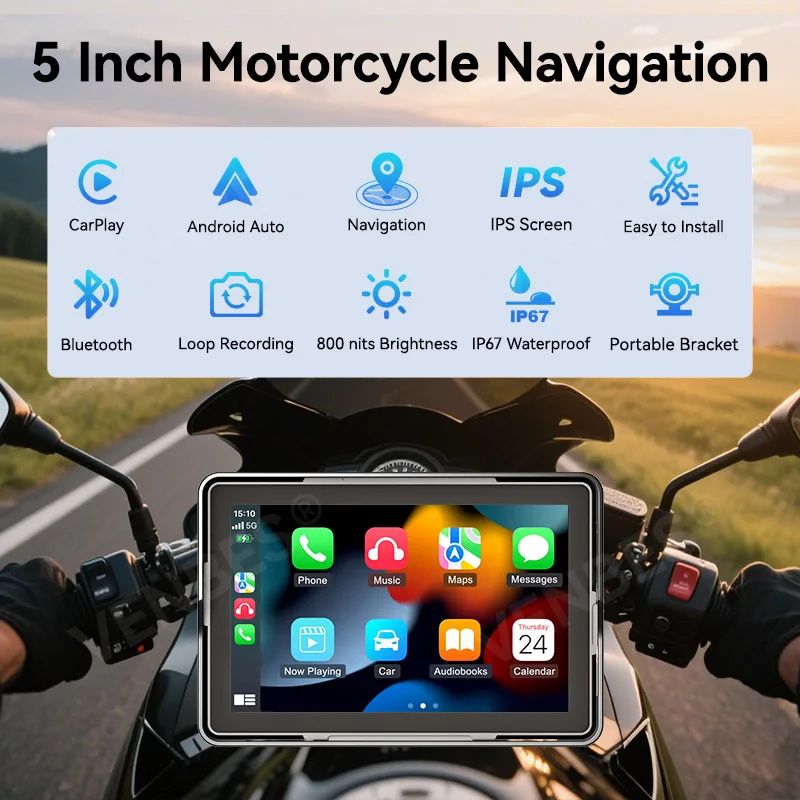 AHOUDY 5 inch Motorcycle Navigation Wireless CarPlay Android Auto IPX7 Screen Moto Monitor Portable