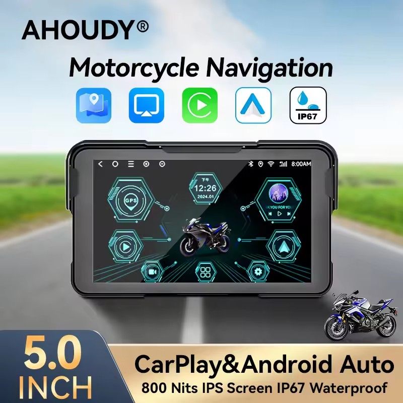 AHOUDY 5 inch Motorcycle Navigation Wireless CarPlay Android Auto IPX7 Screen Moto Monitor Portable