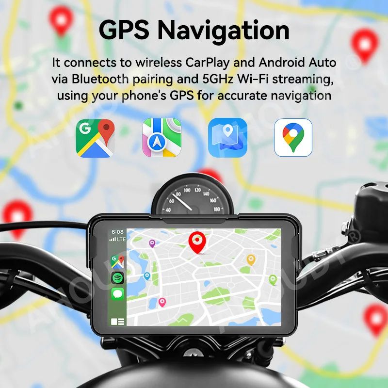 AHOUDY 5 inch Motorcycle Navigation Wireless CarPlay Android Auto IPX7 Screen Moto Monitor Portable