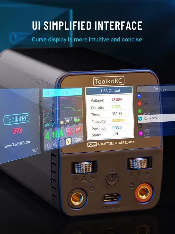 ToolkitRC P200 V2 Power Supply Adapter 30V AC100W DC200W 10A Compatible Charger Adjustable Desktop Display Output Tybec