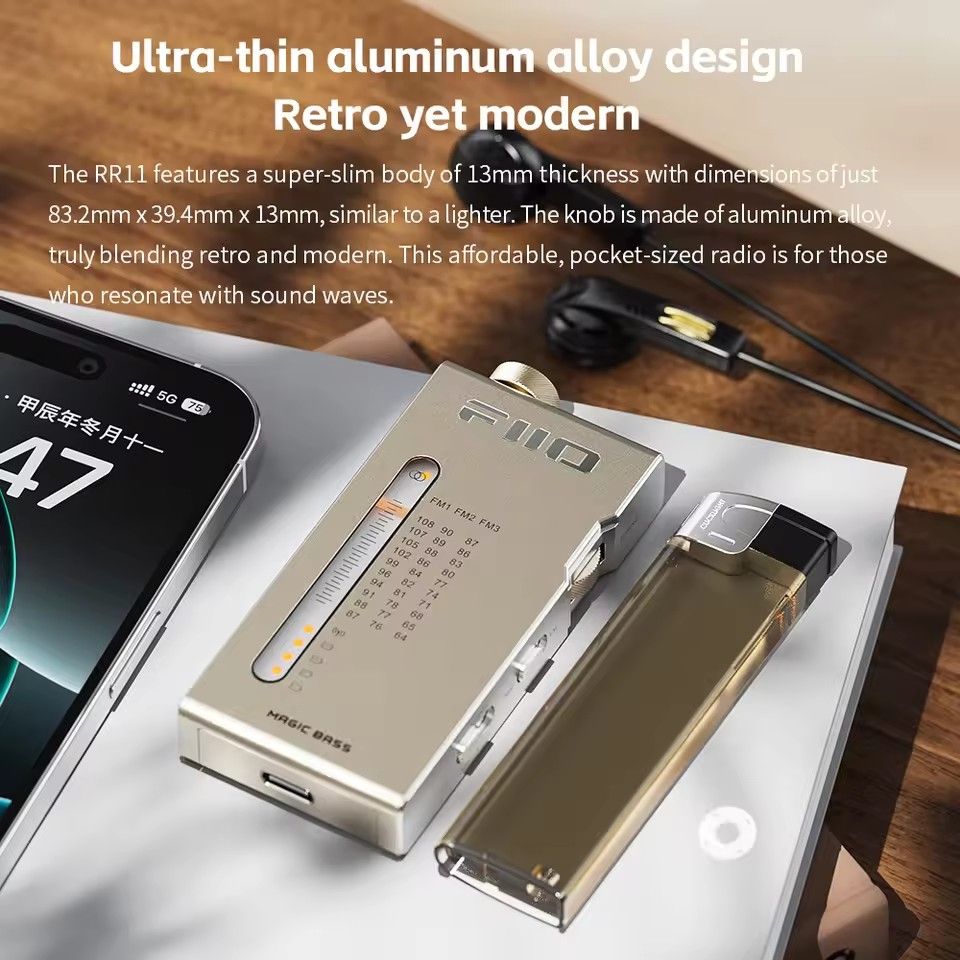 FiiO RR11 Portable HiFi FM Stereo Radio Receiver with analog PVR tuning, BASS+3D sound effects, 64MHz-108MHz
